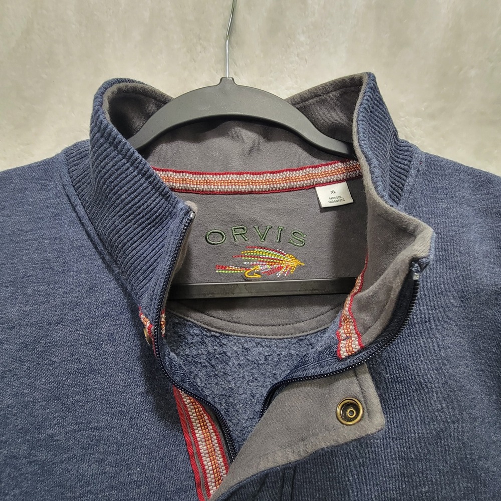 Orvis Mens Quarter Zip Pullover Sweatshirt Embroidered Fly Fishing Logo Blue XL‎